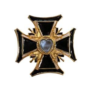 Vintage Large 3" Gold Tone Maltese Cross Black Enamel Blue Crystal Heart Brooch
